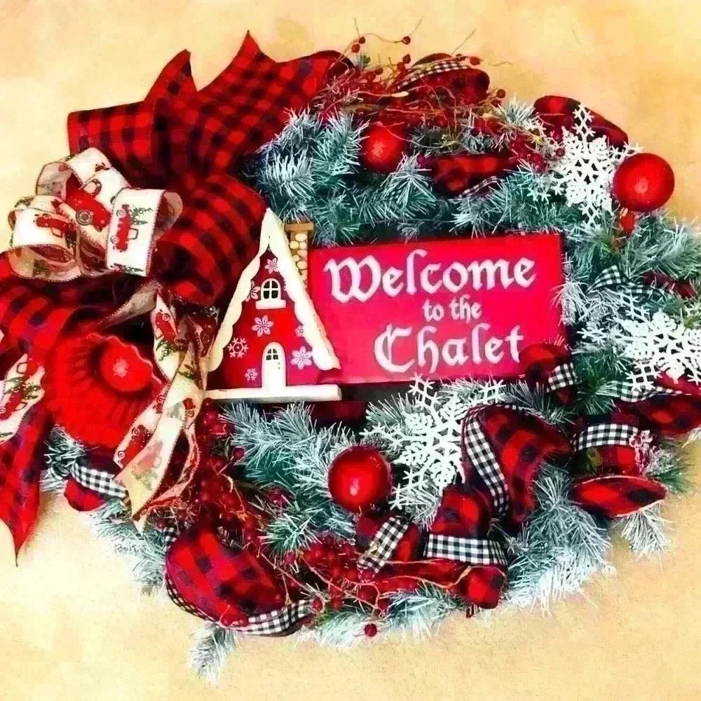 Handmade Christmas Wreath “Welcome to the Chalet” perfect for a front door
